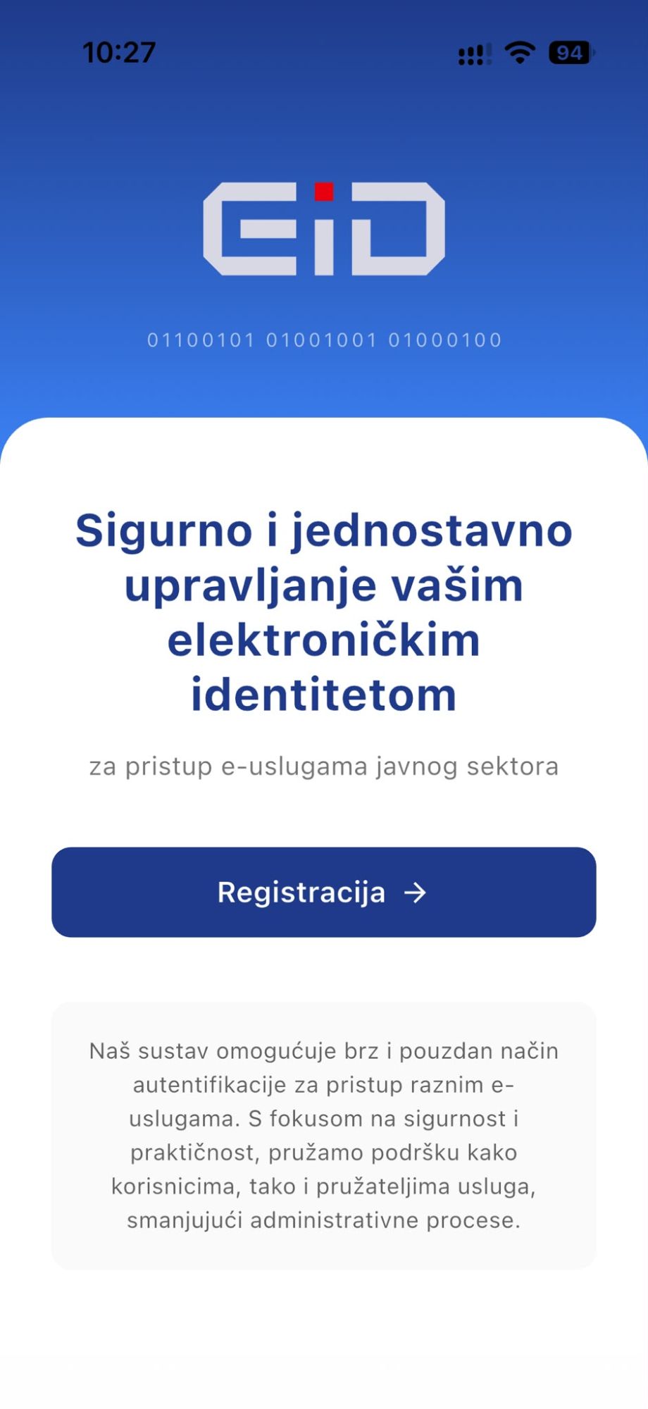 Početni zaslon eID mobilne aplikacije